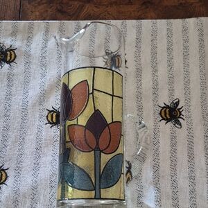 Hand-Painted Stained Glass Style Glass Pitcher - Yellow, Orange, Purple 1960's